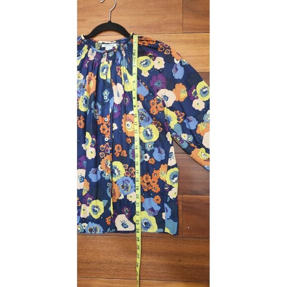 Creme Fraiche Size S Floral Pink Yellow Orange Navy Women Top Blouse 100% Silk - Picture 8 of 10